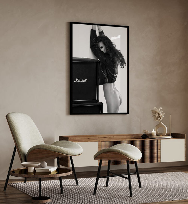 Baby by David Drake Fine Art Photography Fashion Photography in Black Plain Frame placed on a wall behind a console table