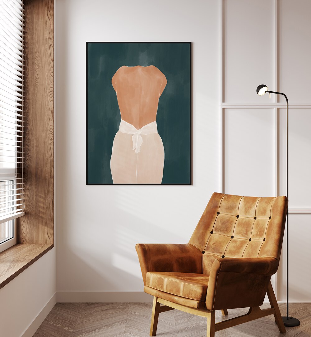 Back Side By Ivy Green Women Illustration Paintings in Black Plain Frame on a white wall beside a window