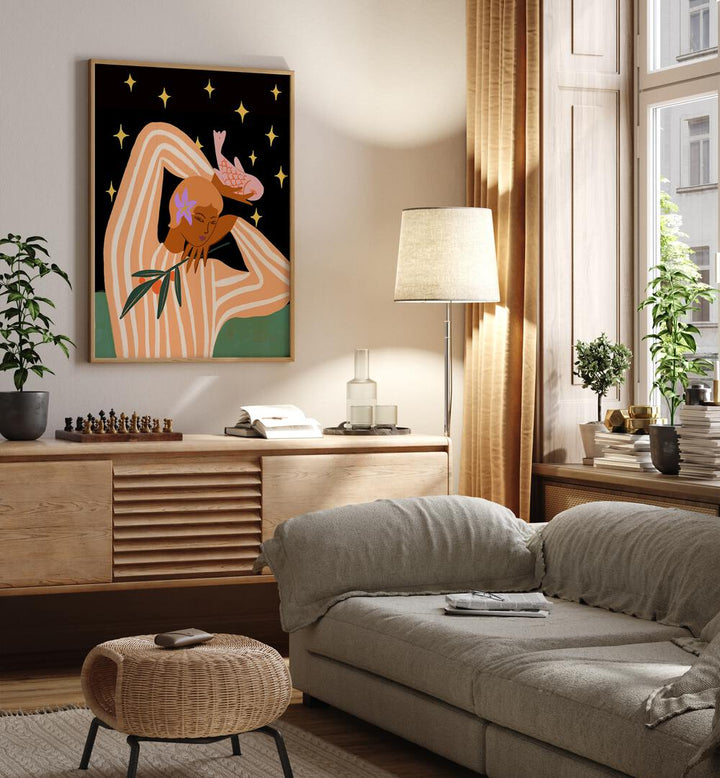 Balance By Arty Guava Wall Art Prints in Oak Wood Plain Frame placed on a Cream Colored Wall above a Console Table near a Grey Sofa in the Living Room