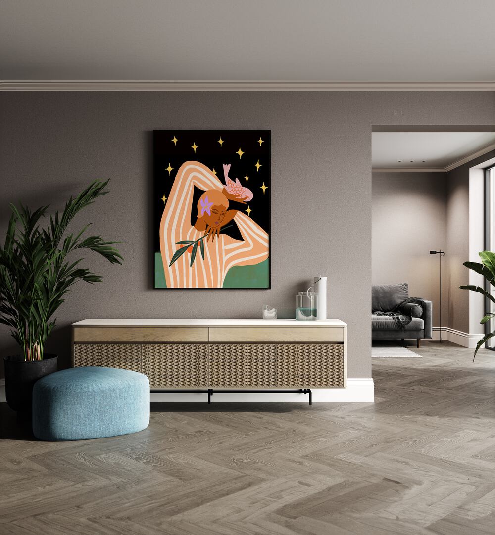 Balance By Arty Guava Wall Art Prints in Black Plain Frame placed on a Beige Colored Wall above a Console Table in the Drawing Room