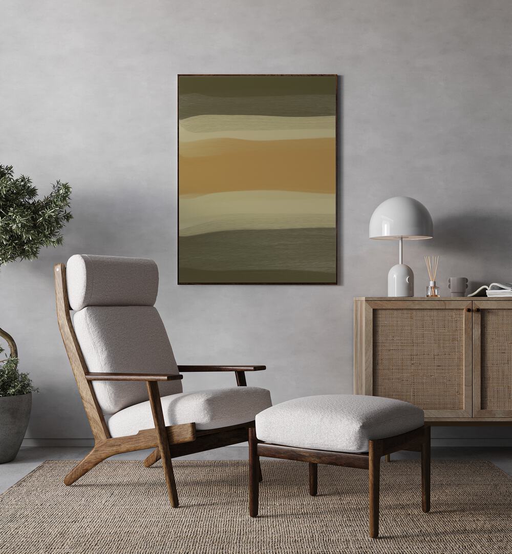 Balance by Yopie Studio Abstract Paintings Abstract Art Prints in Black Plain Frame placed on a wall between a plant and a console table behind a a chair