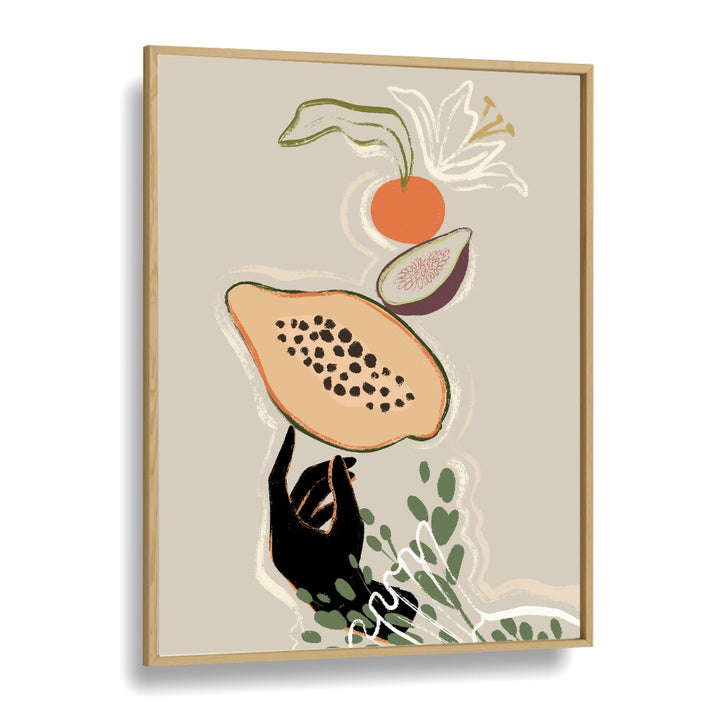 Balancing Fruits By Arty Guava Wall Art Prints in Oak Wood Plain Frame