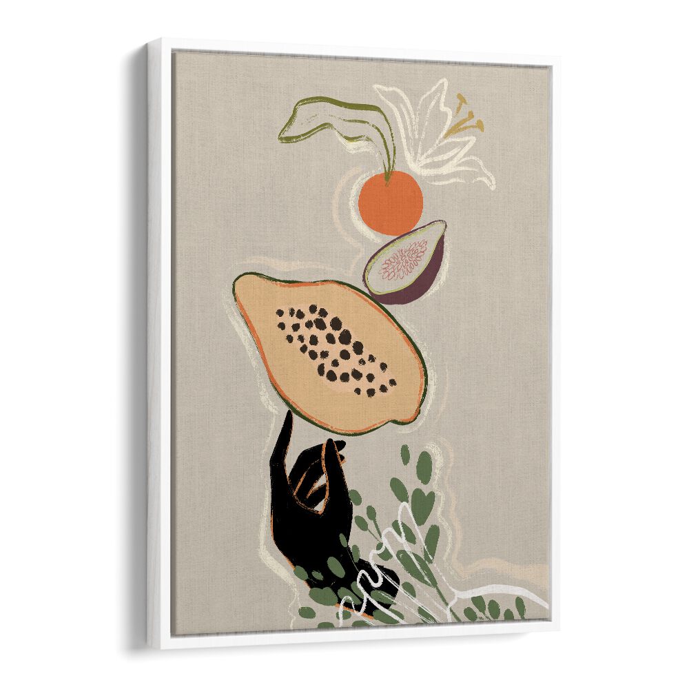 Balancing Fruits By Arty Guava Wall Art Prints in White Floater Frame