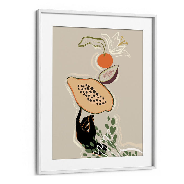 Balancing Fruits By Arty Guava Wall Art Prints in White Frame With Mount