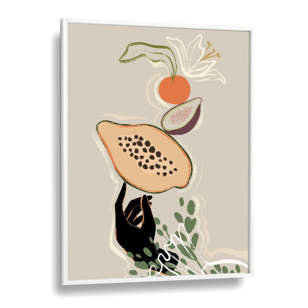 Balancing Fruits By Arty Guava Wall Art Prints in White Plain Frame