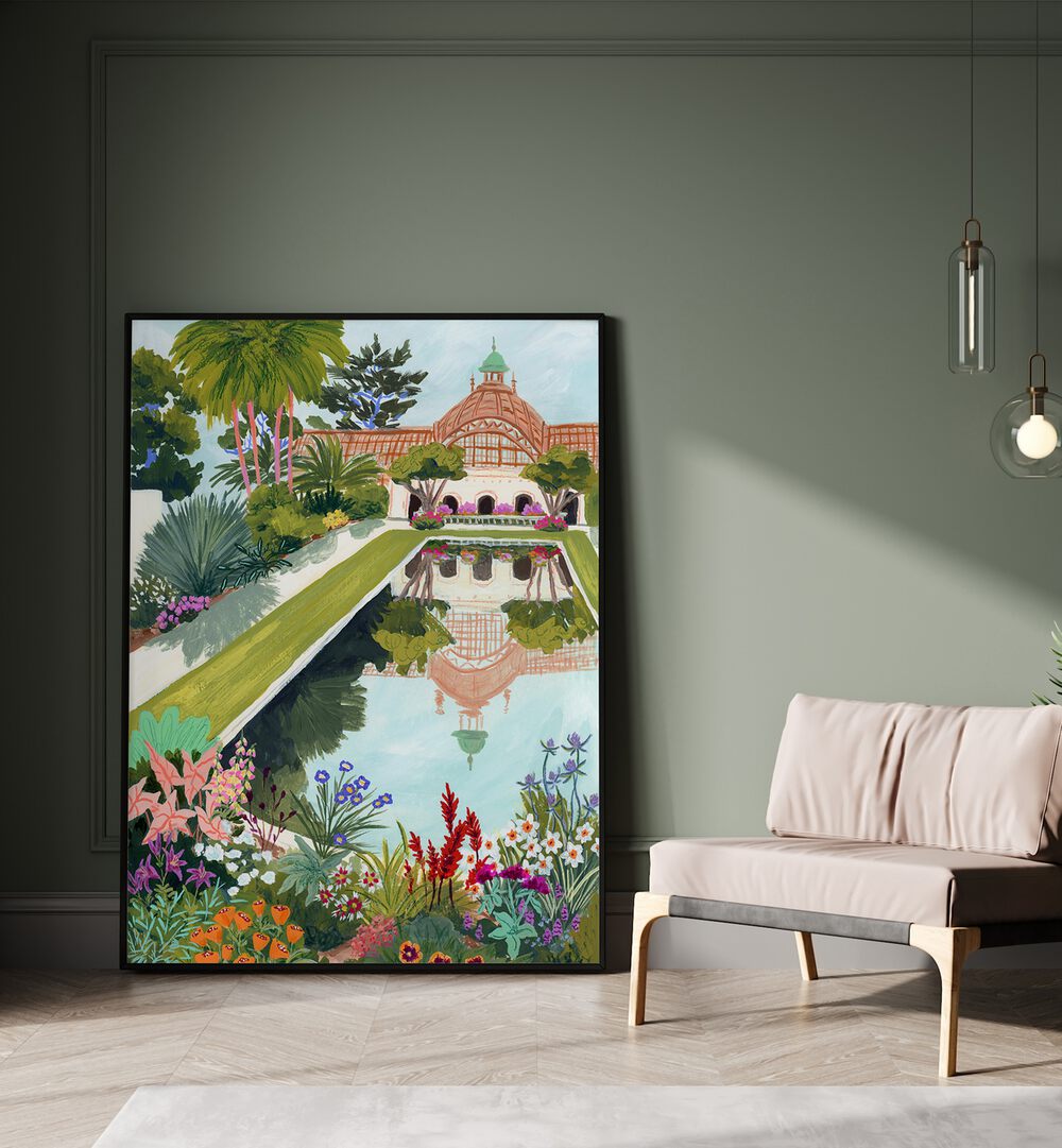 Balboa Park By Sarah Gesek Wall Art Prints in Black Plain Frame placed on the floor beside a sofa