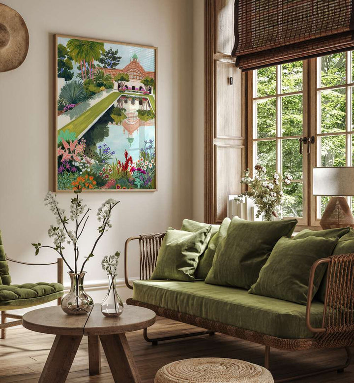 Balboa Park By Sarah Gesek Wall Art Prints in Oak Wood Plain Frame placed on a living room wall beside a window and a sofa