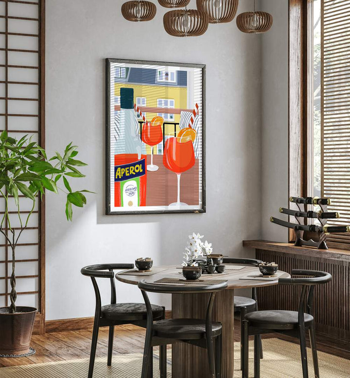 Balcony Bar Art Prints Cafe Posters in Dark Wood Plain Frame placed on a White Colored Wall near a Coffee Table in the Dining Room