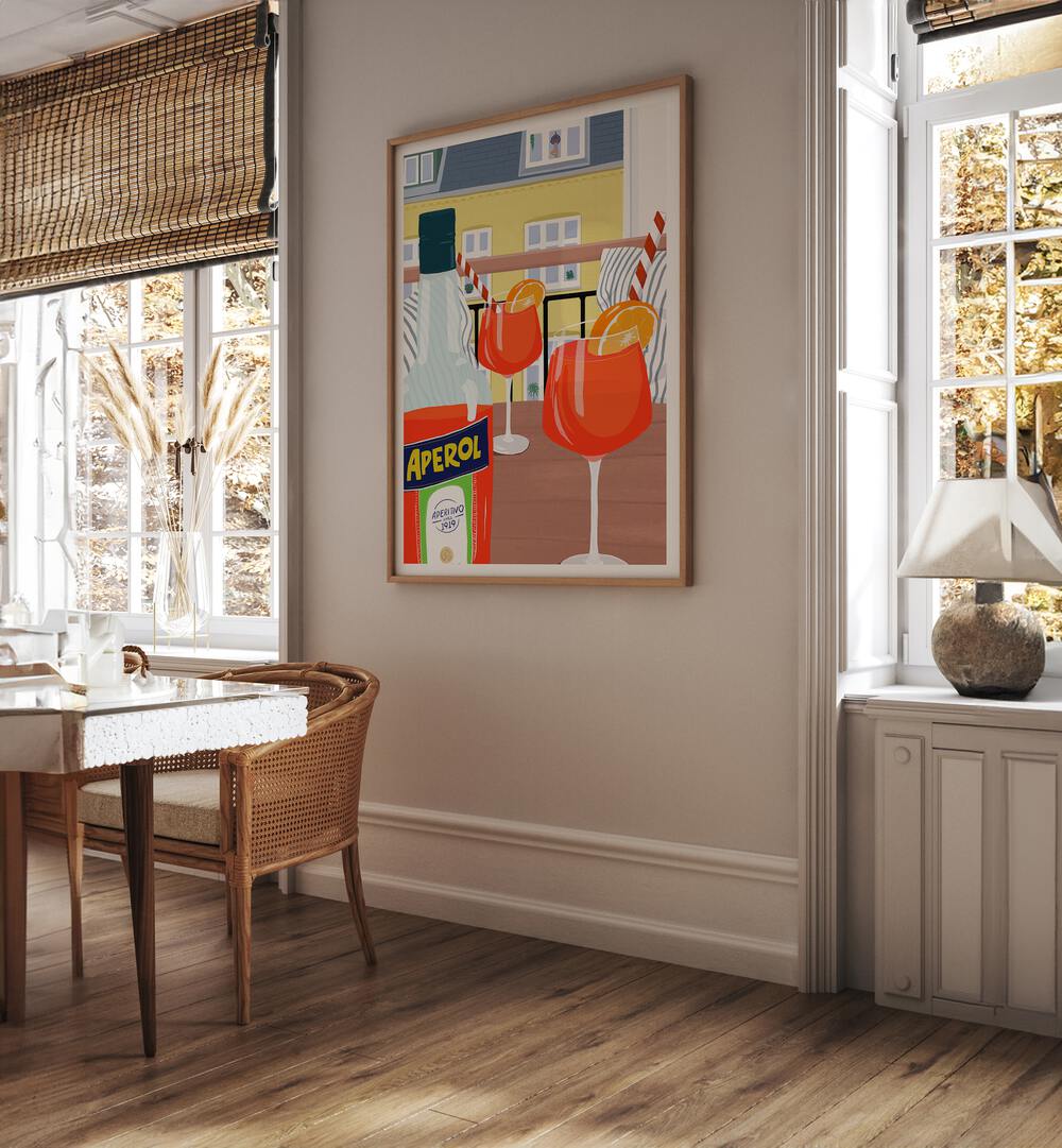 Balcony Bar Art Prints Cafe Posters in Oak Wood Plain Frame placed on a Beige Colored Wall near a Dining Table in the Dining Room