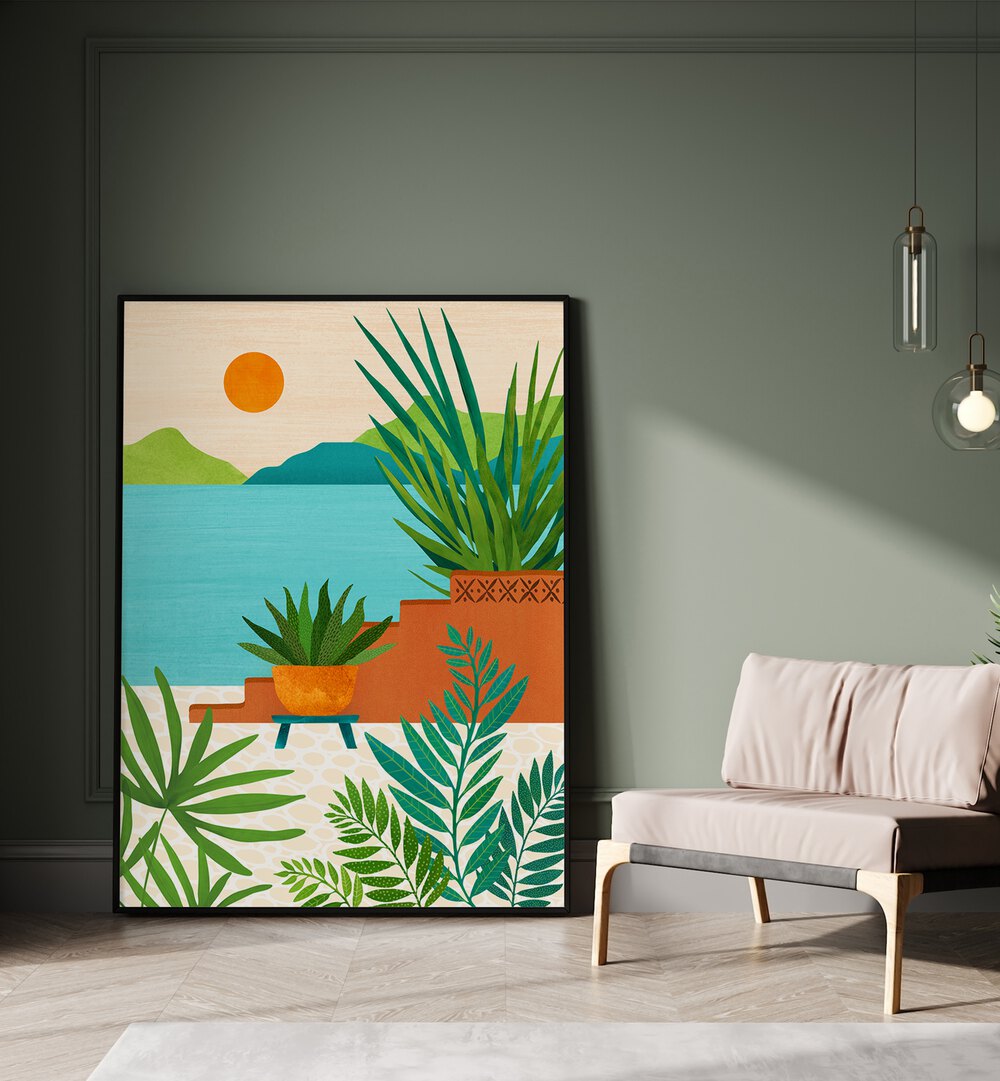 Bali Coast Sunset by Kristian Gallagher Botanical Flower Paintings Floral Paintings in Black Plain Frame placed on the floor beside a sofa