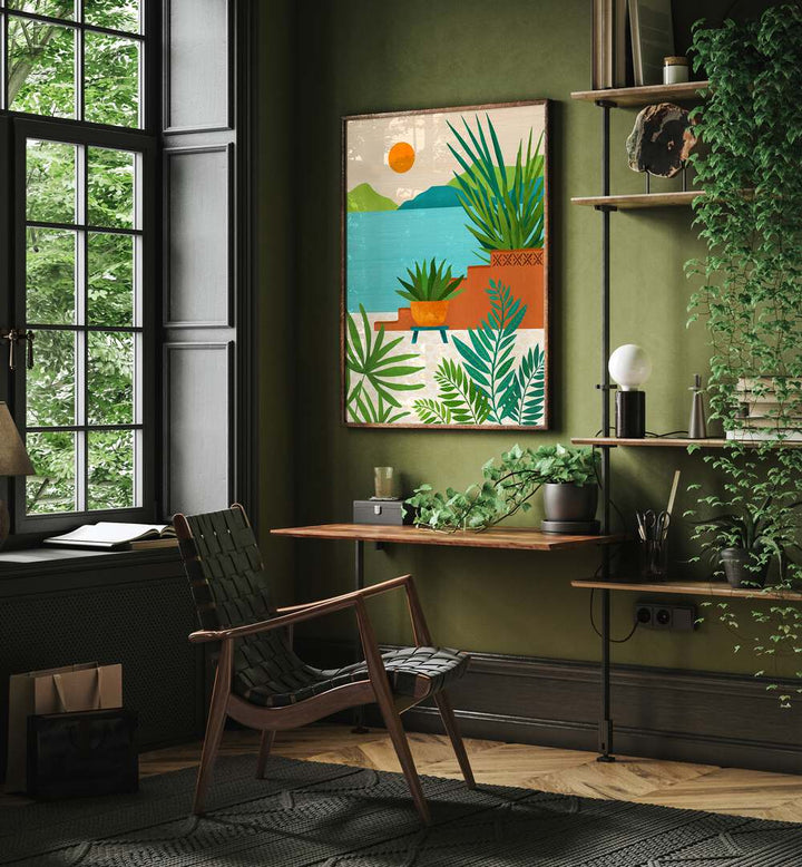 Bali Coast Sunset by Kristian Gallagher Botanical Flower Paintings Floral Paintings in Dark Wood Plain Frame placed on a table beside a window