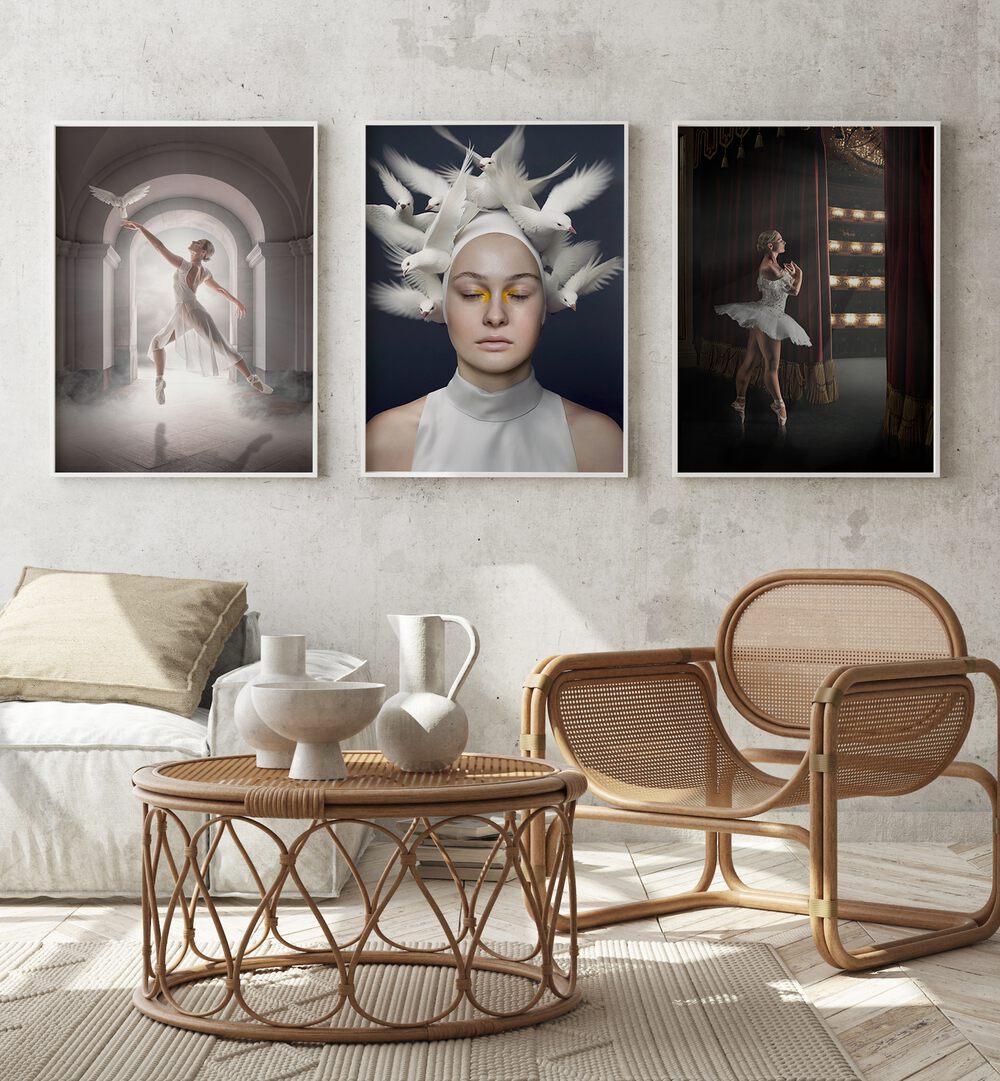 Ballerina Framed Wallart Set Of 3 Paintings in White Plain Frame placed on a wall behind a white sofa and a chair