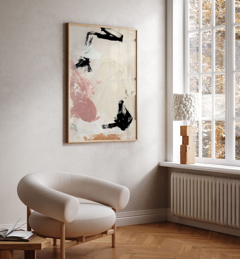 Ballet By Dan Hobday Abstract Art Abstract Paintings in Oak Wood Plain Frame placed on a Cream Colored Wall in the Drawing Room