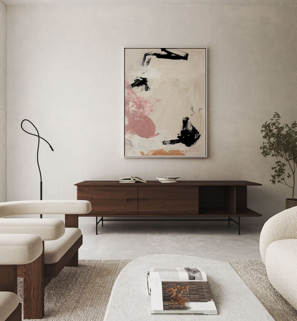 Ballet By Dan Hobday Abstract Art Abstract Paintings in White Floater Frame placed on a Beige Colored Wall above a Console Table in the Living Room