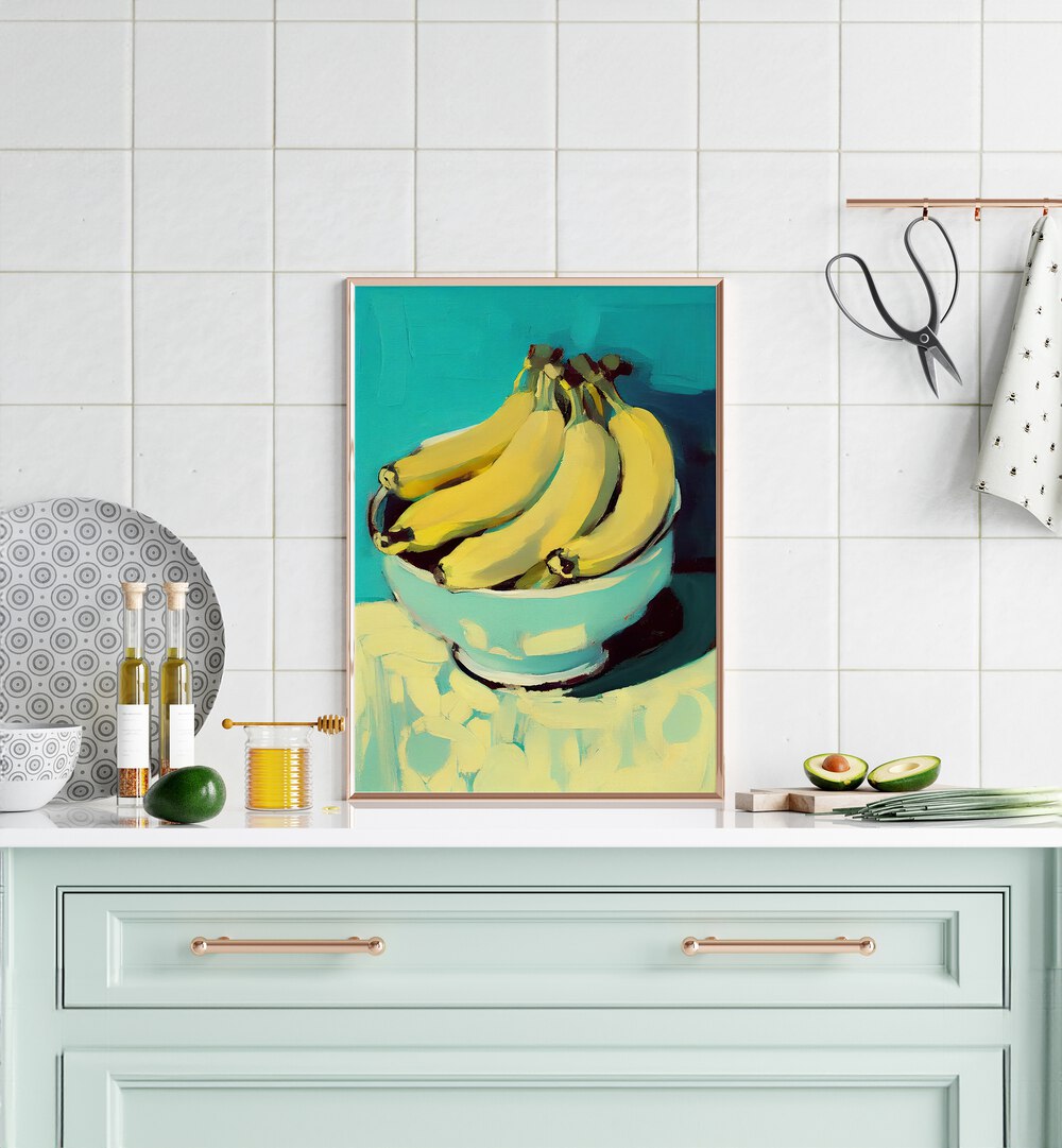 Bananas By Treechild Kitchen Art Prints in Gold Plain Frame placed on a Shelf in the Kitchen