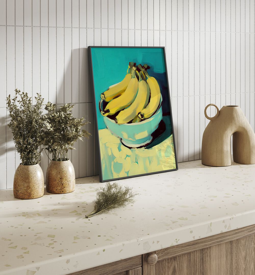 Bananas By Treechild Kitchen Art Prints in Black Plain Frame placed on a Console Table in the Drawing Room