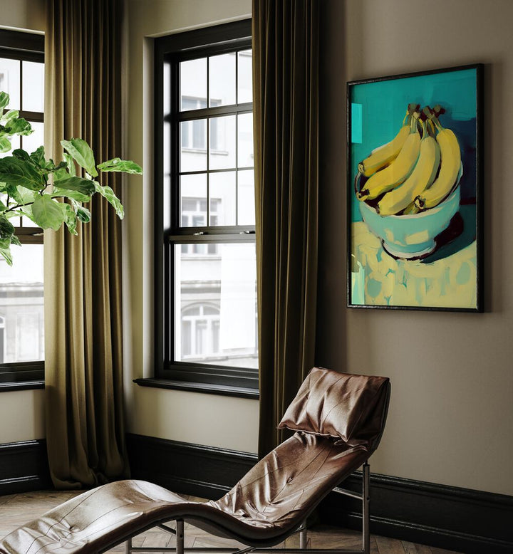 Bananas By Treechild Kitchen Art Prints in Black Plain Frame placed on a Beige Colored Wall in the Drawing Room