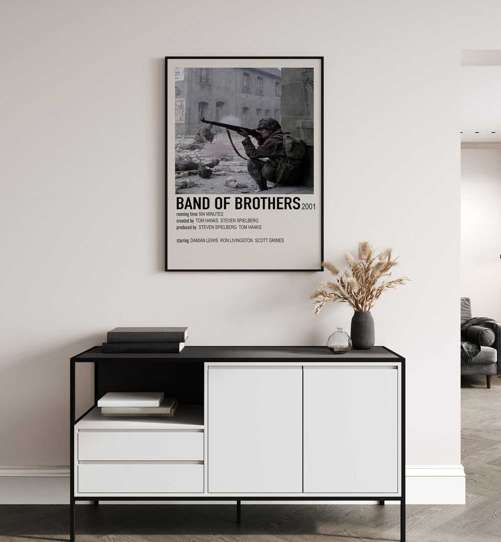 Band Of Brothers 2001 Movie Posters in Black Plain Frame hanging on wall above console table