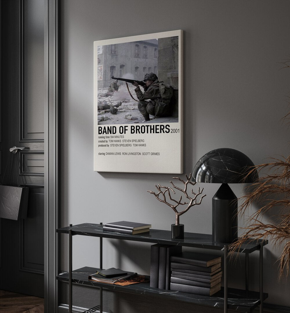 Band Of Brothers 2001 Movie Posters in Gallery Wrap hanging on wall above console table beside door and window