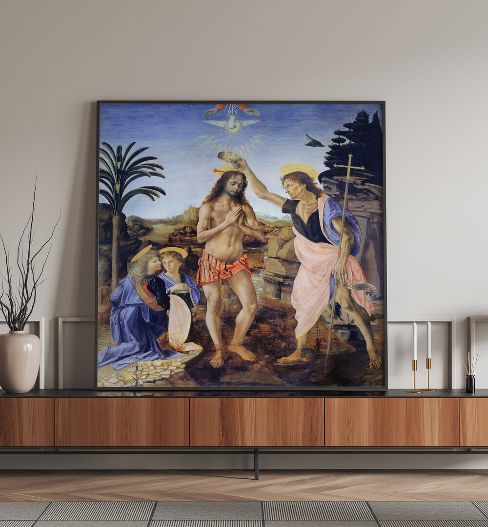 Baptism Of Christ 1470-1480 Vintage Paintings in Black Plain Frame placed on the shelf beside a pot and candles