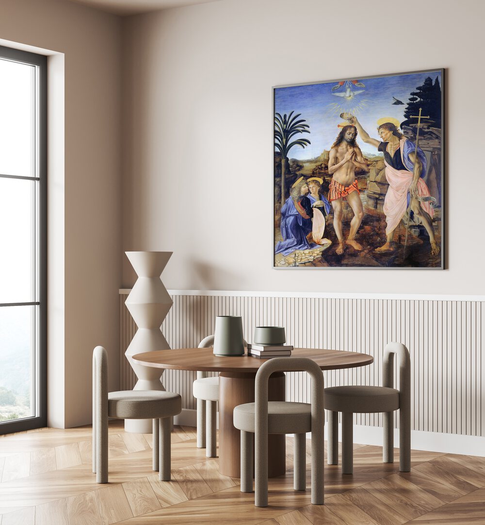 Baptism Of Christ 1470-1480 Vintage Paintings in Black Plain Frame placed on a beige wall behind a dining table and beside a window