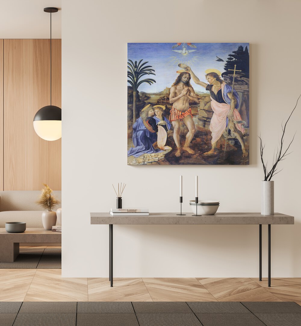 Baptism Of Christ 1470-1480 Vintage Paintings in Gallery Wrap placed on a white wall behind a table