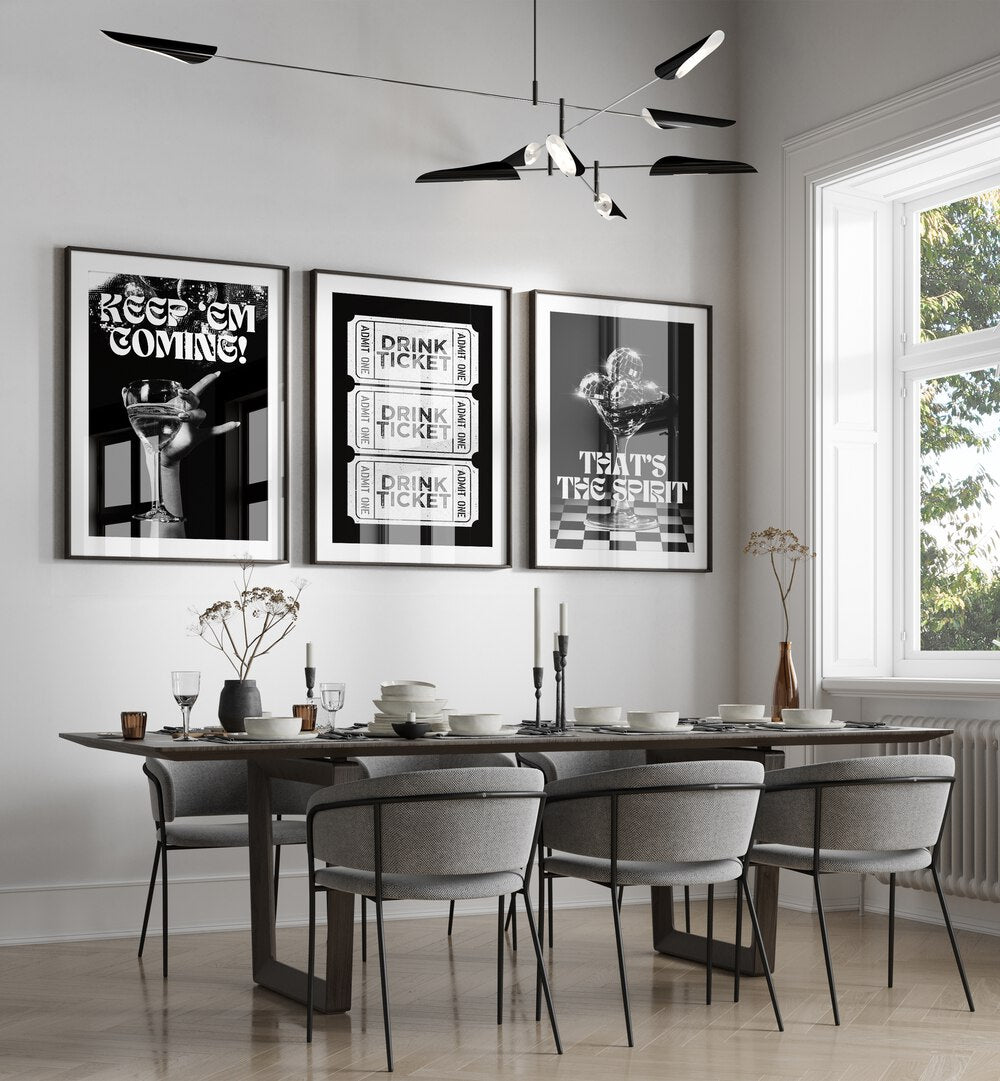 Bar Set Set Of 3 Paintings in Black Plain Frame placed on a wall behind a dining table and beside a window for dining area