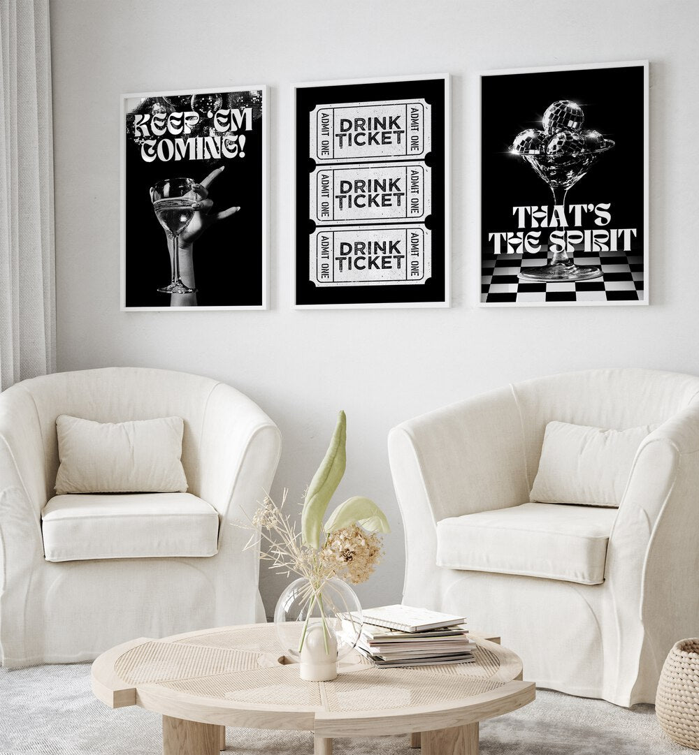 Bar Set Set Of 3 Paintings in White Plain Frame placed on a living room wall behind a sofa