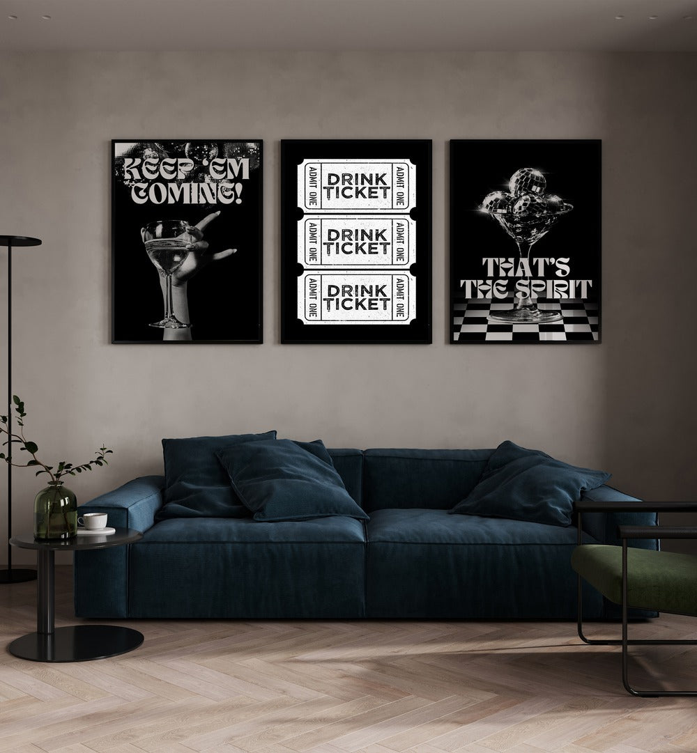 Bar Set Set Of 3 Paintings in Black Plain Frame placed on a living room wall behind a sofa