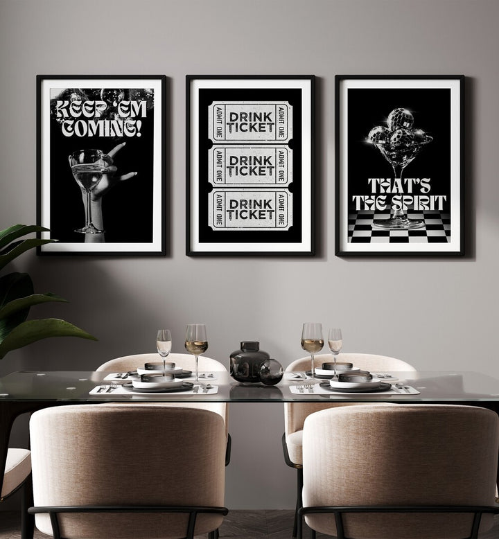 Bar Set Set Of 3 Paintings in Black Frame With Mount placed on a wall behind a dining table for dining area