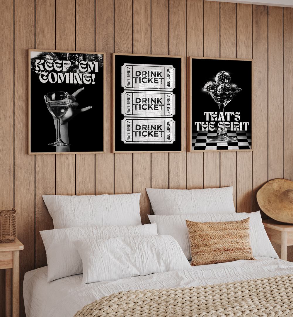 Bar Set Set Of 3 Paintings in Oak Wood Plain Frame placed on a wall behind a bed in a bedroom