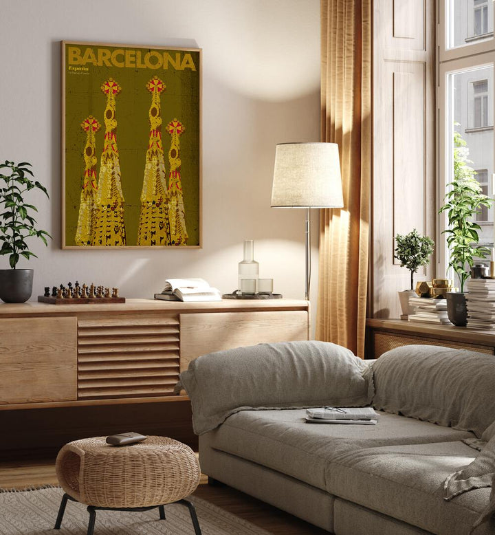 Barcelona-espana  Travel Posters in Oak Wood Plain Frame placed on a wall behind a console table