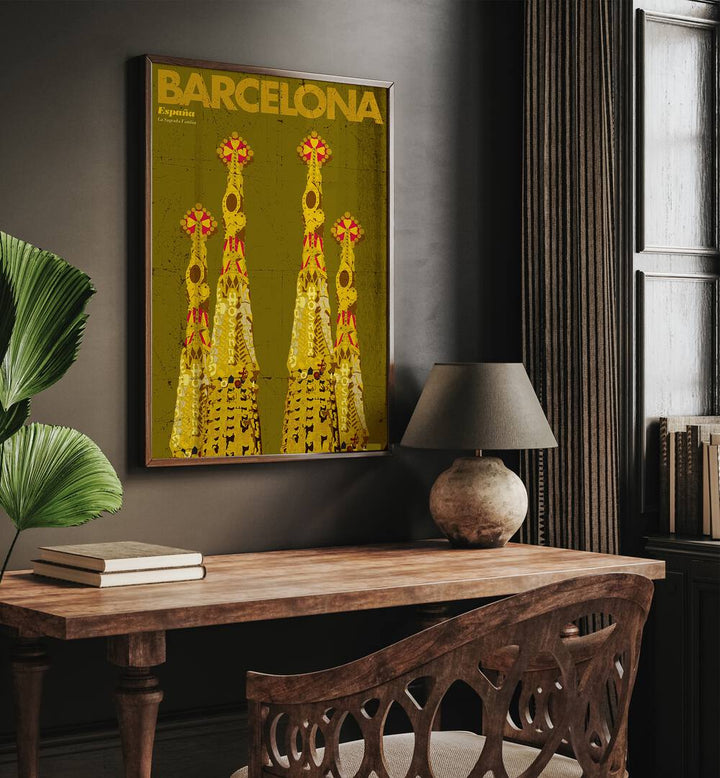 Barcelona-espana  Travel Posters in Dark Wood Plain Frame placed on a wall behind a table