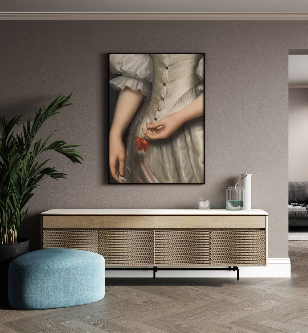 Baroque Detail Painting by the Art Concept Altered Art Prints in Black Plain Frame placed on a wall behind a console table