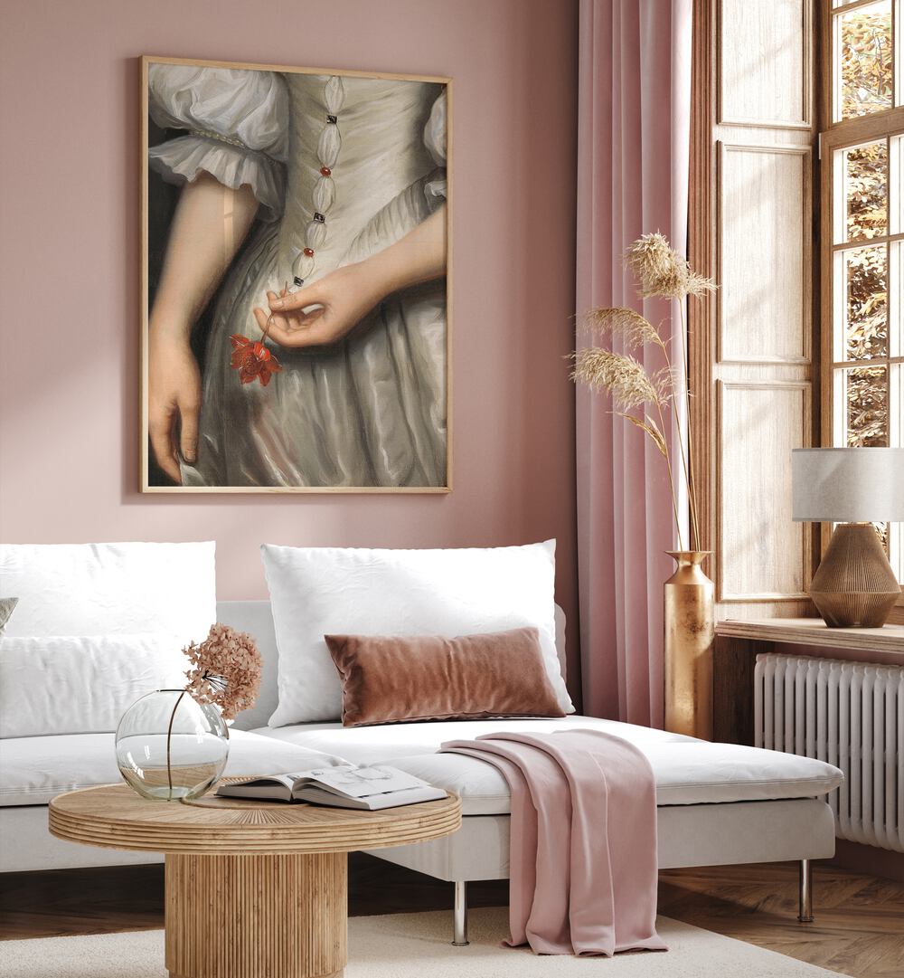 Baroque Detail Painting by the Art Concept Altered Art Prints in Oak Wood Plain Frame placed on a wall beside a sofa