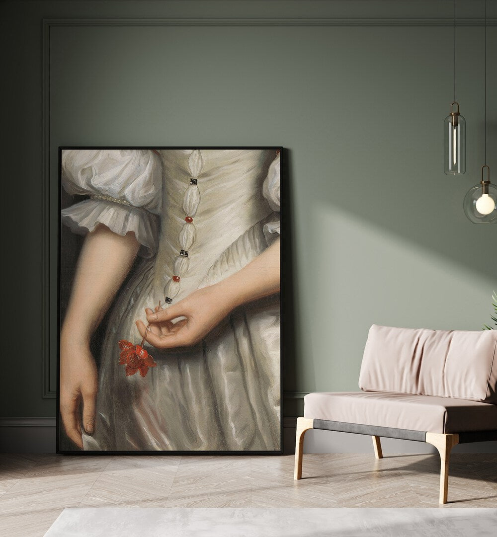 Baroque Detail Painting by the Art Concept Altered Art Prints in Black Plain Frame placed on the floor beside a sofa