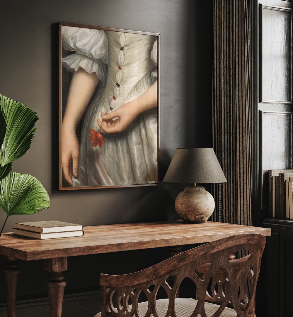 Baroque Detail Painting by the Art Concept Altered Art Prints in Dark Wood Plain Frame placed on the wall above a study table