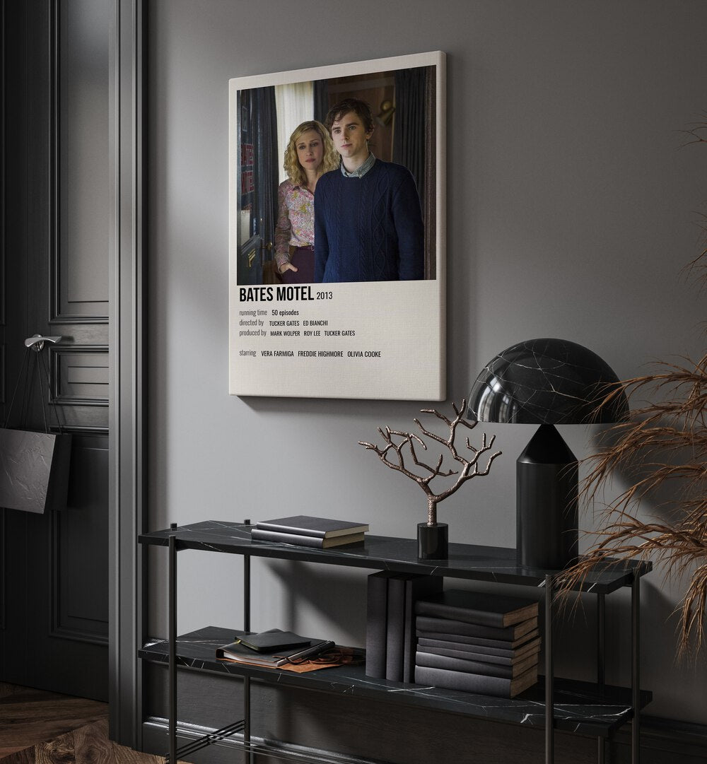 Bates Motel  2013 Movie Posters in Gallery Wrap hanging on wall above console table beside door and window