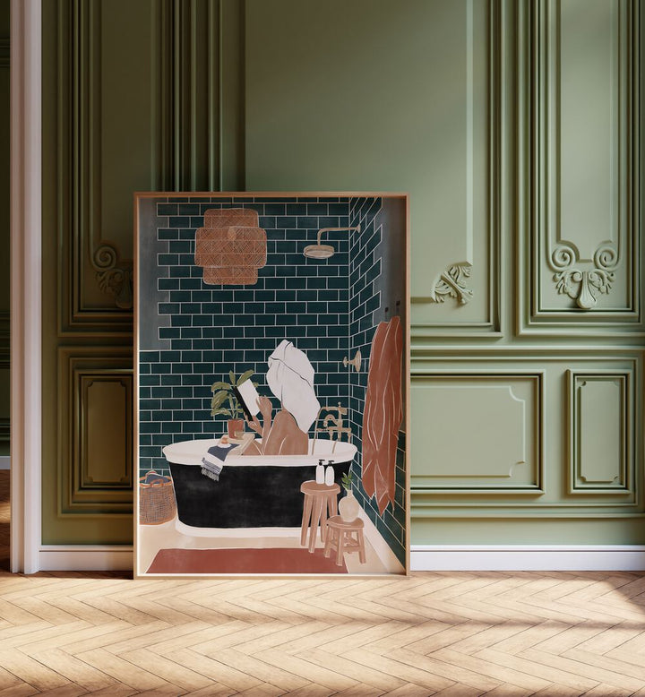 Bathroom Babe By Ivy Green Women Illustration Paintings in Oak Wood Plain Frame on a wooden floor beside a window