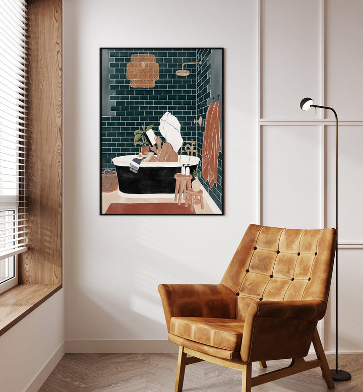 Bathroom Babe By Ivy Green Women Illustration Paintings in Black Plain Frame on a white wall beside a window