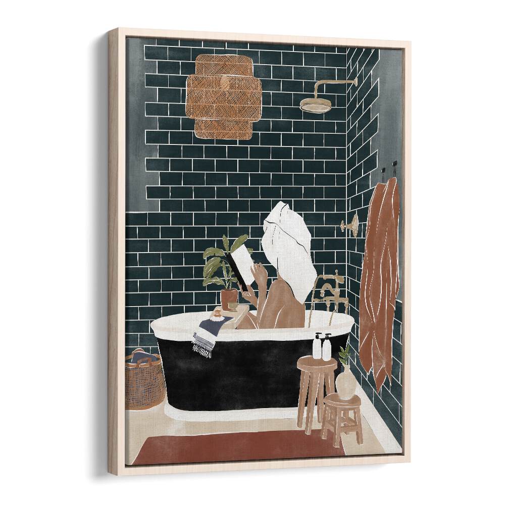 Bathroom Babe By Ivy Green Women Illustration Paintings in Oak Wood Floater Frame