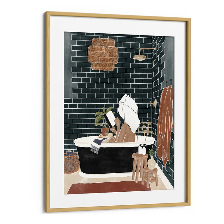 Bathroom Babe By Ivy Green Women Illustration Paintings in Oak Wood Frame With Mount