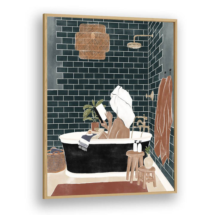 Bathroom Babe By Ivy Green Women Illustration Paintings in Oak Wood Plain Frame