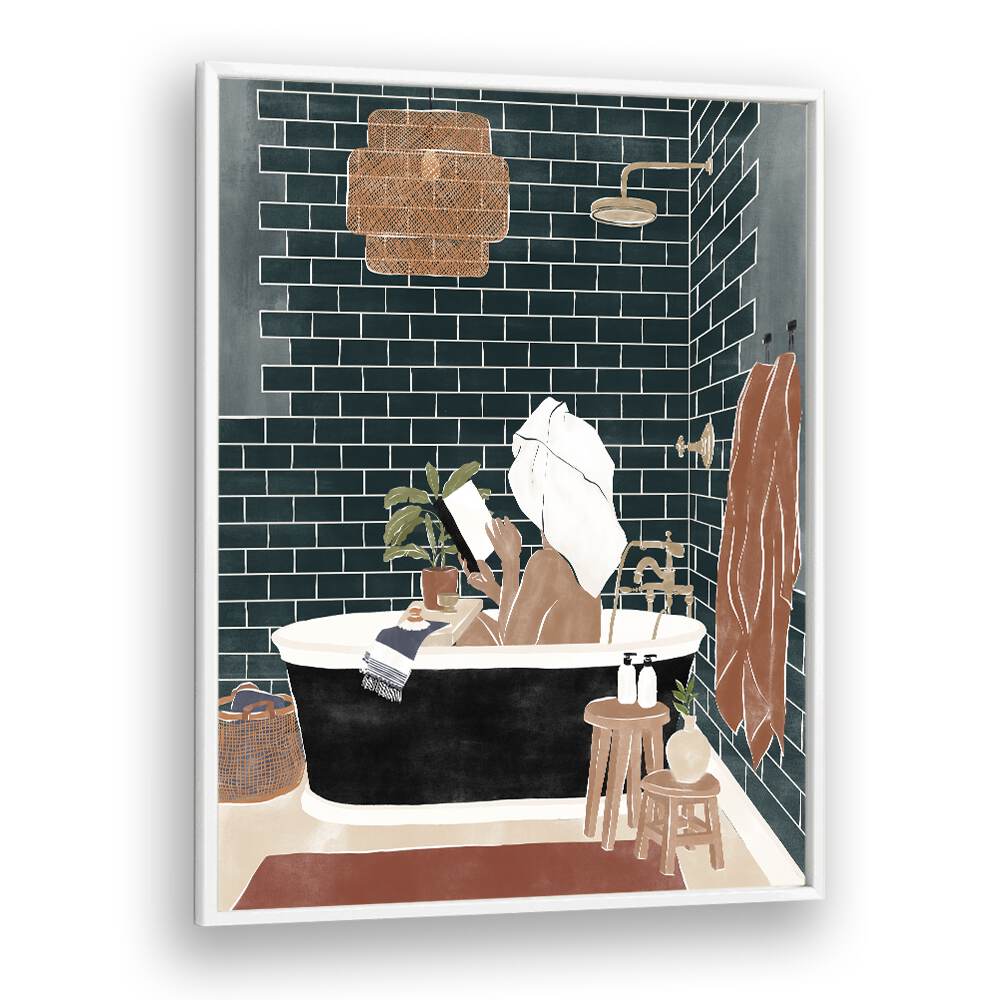 Bathroom Babe By Ivy Green Women Illustration Paintings in White Plain Frame