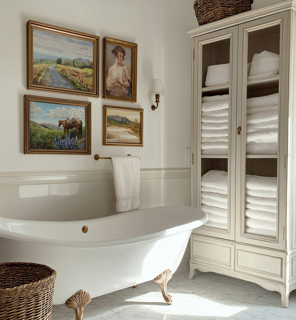 Transform your bathroom with BATHSIDE REVERIE, GALLERY WALLS featuring vintage-inspired art for timeless beauty.