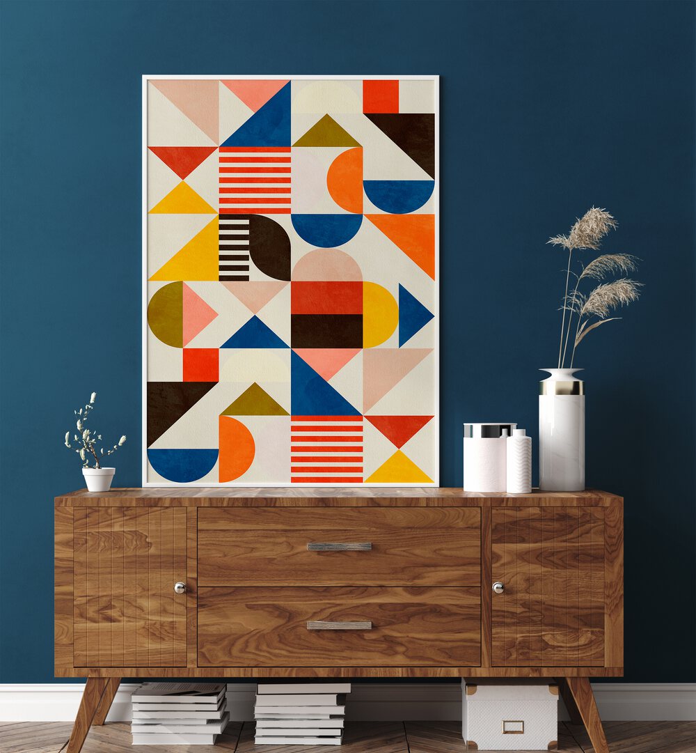 Bauhaus Fun By Ana Rut Bre Abstract Art Abstract Paintings in White Plain Frame placed on a Console Table placed on a Blue Colored Wall in the Living Room