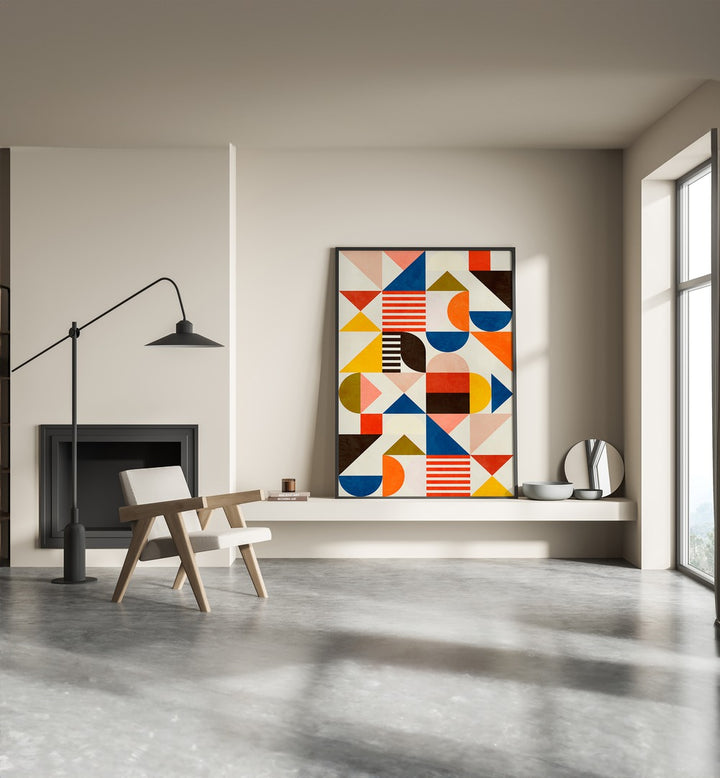 Bauhaus Fun By Ana Rut Bre Abstract Art Abstract Paintings in Black Plain Frame placed on a Cream Colored Wall above a Shelf in the Drawing Room