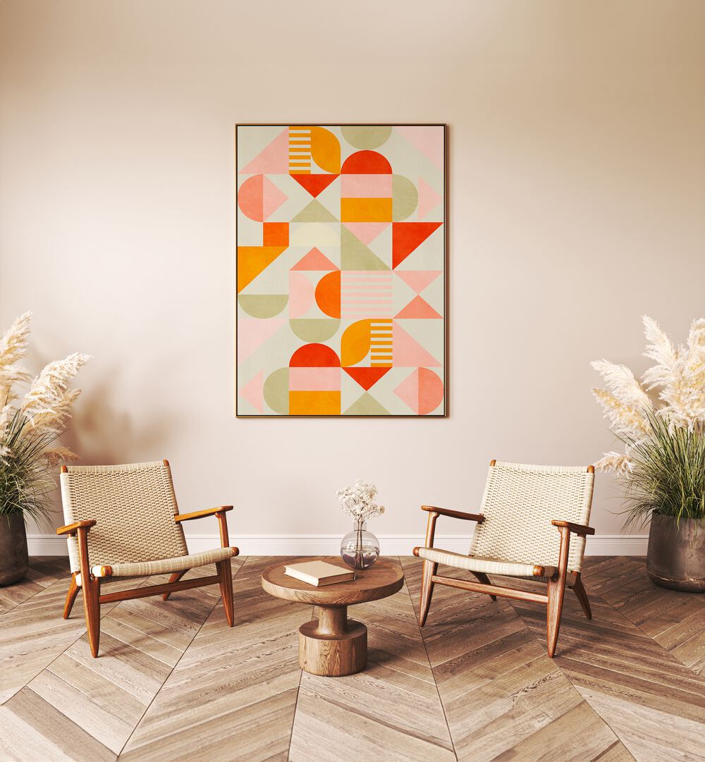 Bauhaus Fun Pastel By Ana Rut Bre Abstract Art Abstract Paintings in Black Plain Frame placed on a Cream Colored Wall in the Drawing Room