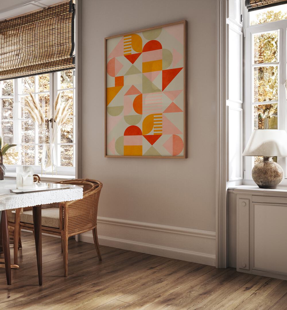 Bauhaus Fun Pastel By Ana Rut Bre Abstract Art Abstract Paintings in Oak Wood Plain Frame placed on a Cream Colored Wall near a Dining Table in the Dining Room