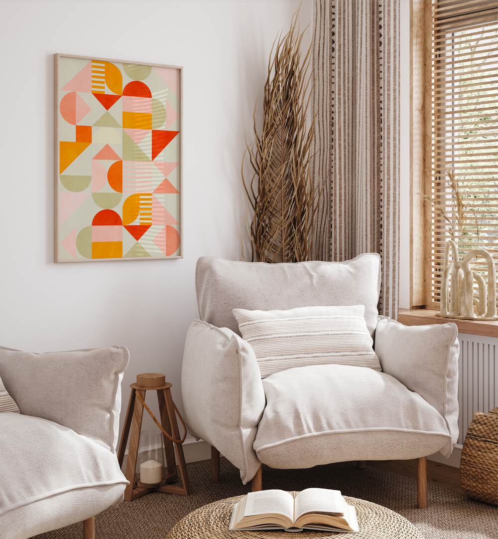 Bauhaus Fun Pastel By Ana Rut Bre Abstract Art Abstract Paintings in Oak Wood Plain Frame placed on a White Colored Wall in the Living Room